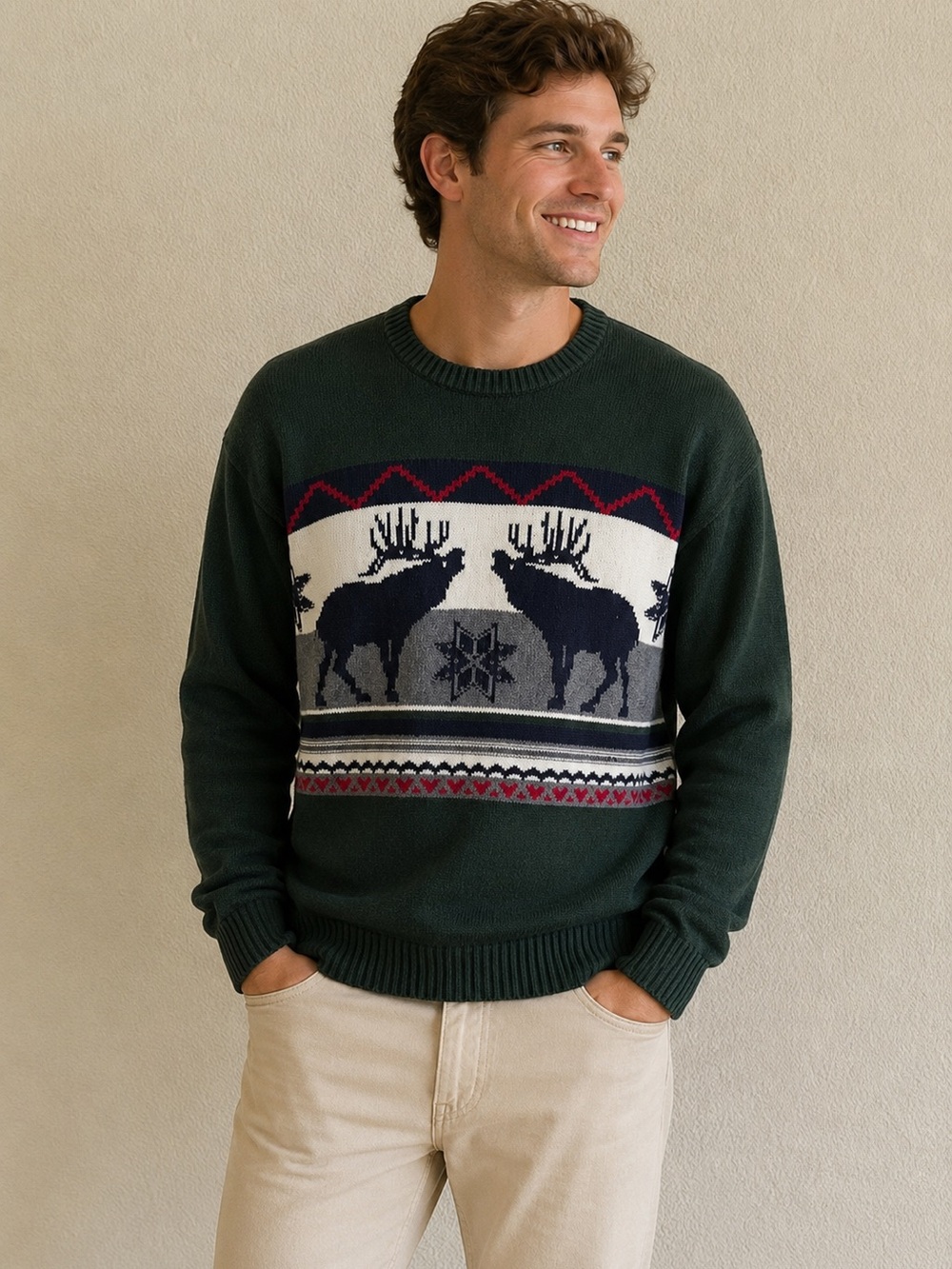 Dockers Green Moose Pattern Crewneck Sweater - Men size XL 100% Cotton